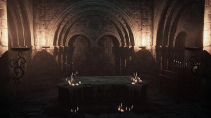 In a dimly lit underground chamber, flickering candles cast shadows on ancient stone walls. A weathered altar stands at the center, evoking an air of mystery and intrigue in this forgotten space. © icetray