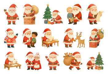 PNG Whimsical Santa Claus illustrations, element set on transparent background