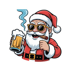 Cool santa claus with sunglasses holding beer and smoking cigar enjoying holiday cheer
