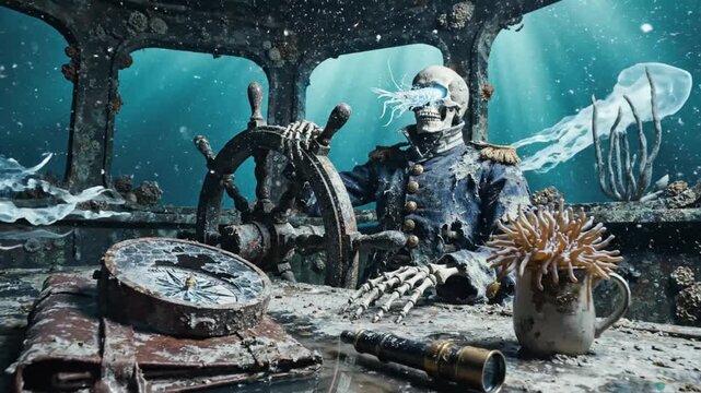 Skeleton captain at helm of sunken ship, surrounded by deep sea life and ethereal jellyfish.