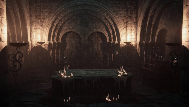 In a dimly lit underground chamber, flickering candles cast shadows on ancient stone walls. A weathered altar stands at the center, evoking an air of mystery and intrigue in this forgotten space.