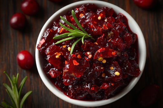 Bowl of Spicy Cranberry Chutney garnished with rosemary sprigs on dark wooden surface. Concept of comforting, tangy cranberry chutney with chili and spices. 