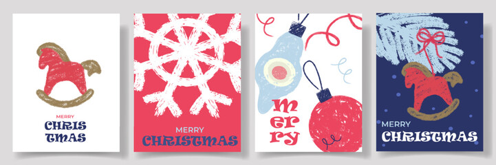 Hand-drawn kids crayon-style Merry Christmas card collection with red rocking horse, ornaments, and snowflakes in red, blue, and white. For greeting cards, invitations, posters, holiday digital design