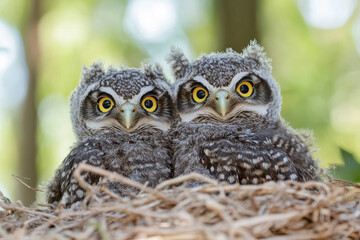 Adorable fluffy owls nestled together in a tree nest with bright yellow eyes in forest setting