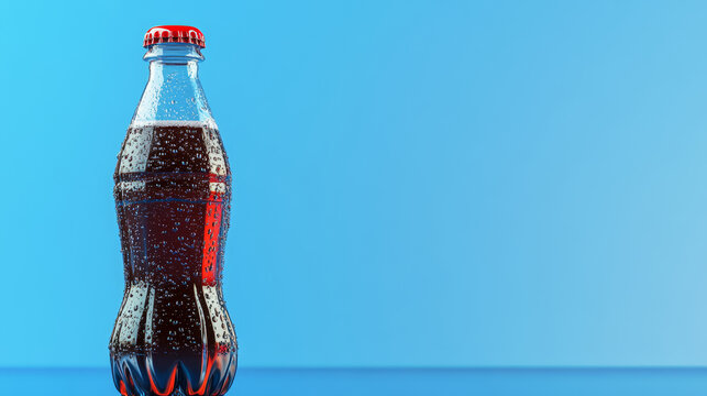 Chilled bottle of dark soda with condensation on a blue background.