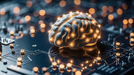 Glowing artificial intelligence brain on futuristic circuit board