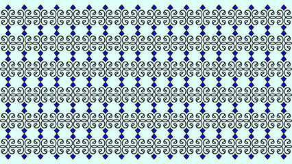 Seamless Ornate Scroll Pattern with Blue Diamonds on Light Cyan Background