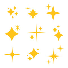 Fototapeta premium Shine, sparkle golden stars on white background. Sparkle yellow star symbols. Shine retro icons. Flat blink twinkle, sunburst star shapes. Magic light flare, bright flash star. Shining glow.