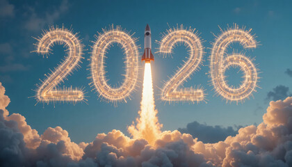 Rocket launching into the sky with bright trails forming the number ‘2026’, representing ambition, innovation, and a bold new start