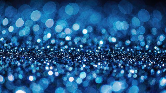 Close arrangement of shimmering blue glitter shines and sparkling bright particles creating a dreamy, soft bokeh lights, creating an enchanting visual - Powered by Adobe