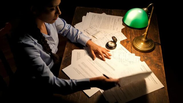 woman writing document at desk. hand holds pen while signing contract. paper spread under lamp across workspace. form page edges worn by handling. signature recorded on form during paperwork process.