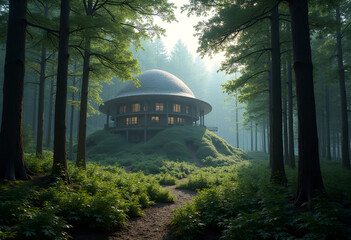 A fantastic hotel like in a fairy tale is located in the forest at the edge among trees and grass; the hotel is two stories high with a curved tiled roof.