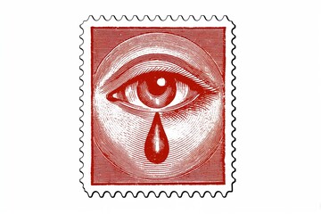 Engraved postage stamp of an eye shedding a blood tear, monochrome red, representing pain and sorrow on white background