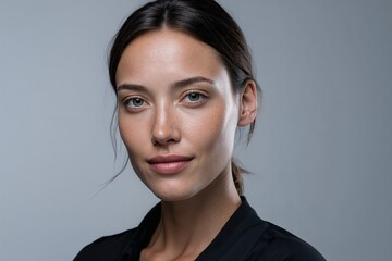 Attractive natural woman with glowing skin looking confidently against a gray studio background