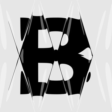 Abstract distorted letter B with liquid glass refraction and glossy highlights. Bold black and white typography warped through optical illusion and glass distortion.