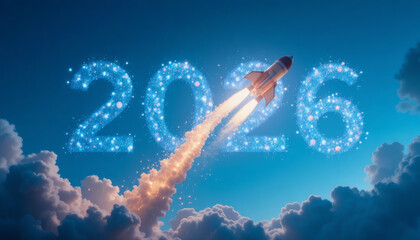Rocket launching into the sky with bright trails forming the number ‘2026’, representing ambition, innovation, and a bold new start