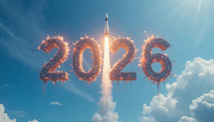 Rocket launching into the sky with bright trails forming the number ‘2026’, representing ambition, innovation, and a bold new start