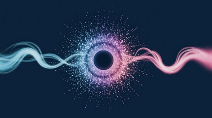 Abstract portal with swirling light energy streams on dark background