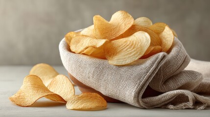 Bowl of crispy potato chips wrapped in linen cloth on a stone surface
