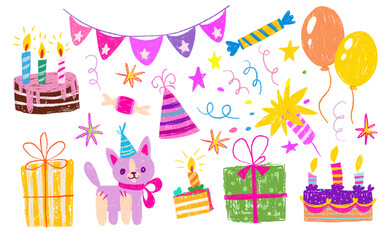 Crayon birthday party elements set on white background. Vector cartoon illustration of hand drawn gift box, cake with candle, cute cat in holiday hat, color confetti, air balloons, candies and stars