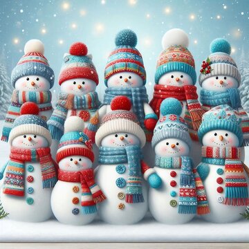 Joyful Group of Snowmen Dressed in Colorful Hats and Scarves Against a Beautiful Winter Background