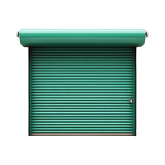 A green garage door with a silver handle