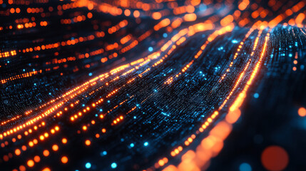 Fototapeta premium Bright streaks of blue and orange light create a dynamic digital pattern resembling flowing energy waves