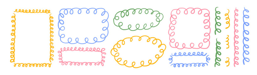 Wavy lace and curly wedding frames. hand drawn oval, round and rectangle vintage border set.