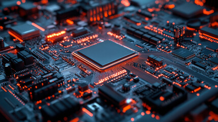 Fototapeta premium Close-up of a computer circuit board featuring intricate design and glowing elements, illustrating technology in a modern environment