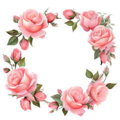 Illustration of a floral wreath with pink roses and green leaves art transparent background, png