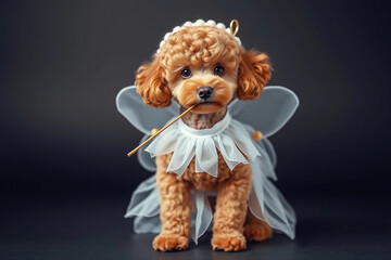A small, fluffy poodle wears a whimsical white fairy costume with wings. The dog poses confidently in a dark studio, showcasing its adorable features and charming outfit