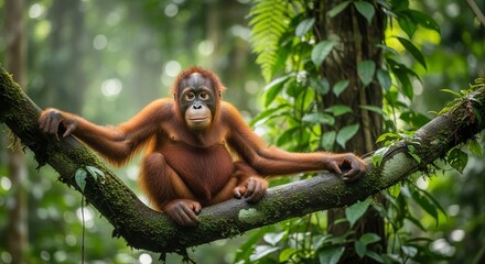 Fototapeta premium Endangered Orangutans with Their Young in Nature