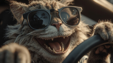 Happy funny cat driving car with sunglasses on a sunny day