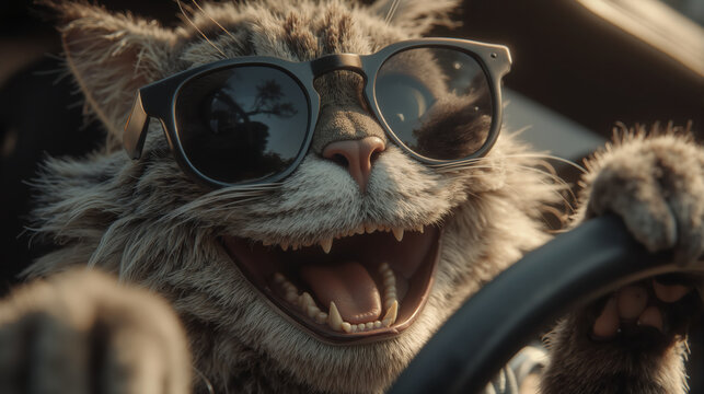 Happy funny cat driving car with sunglasses on a sunny day