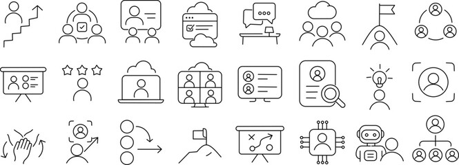 Business Teamwork Stroke Icon Collection. Containing collaboration, leadership, meeting, communication, and goal achievement icons.