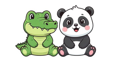 Fototapeta premium Adorable Pair of Crocodile and Panda Characters