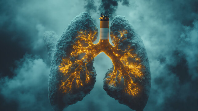 Lungs shaped smoke with lit cigarette; symbolizing smoking hazards and respiratory health risks