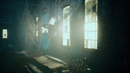Obraz premium In a dimly lit alley, a deserted warehouse stands with glowing windows. Overgrown weeds surround cracked pavement, hinting at forgotten tales. Shadows play around the building, creating mystery.