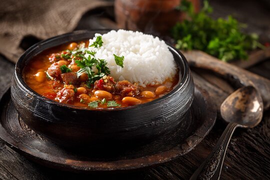 Authentic Turkish white bean stew kuru fasulye rice rustic Anatolian dish photography