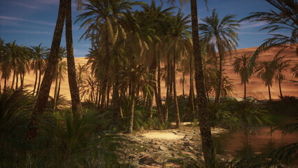 Fototapeta premium An enchanting oasis sits quietly amidst tall palm trees in a bright desert. Sunlight casts warm hues on sandy dunes, creating a tranquil and picturesque scene of natures beauty.
