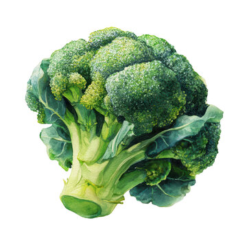 A vibrant watercolor illustration of a single fresh broccoli head with detailed green florets and a sturdy stalk isolated against a dark background
