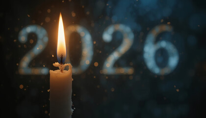 A candle being lit in the darkness, with faint glowing numbers ‘2026’ in the background, symbolizing light, hope, and rebirth