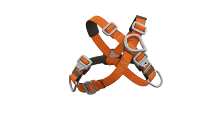 Isolated orange safety harness with metal buckles on black background video 4k