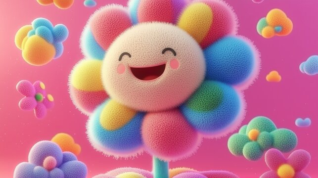 Whimsical smiling flower with colorful petals in a vibrant setting