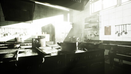 Bright sunlight streams through a window, illuminating a busy kitchen. Pots and pans sit on the stove, creating a lively atmosphere where cooking magic happens daily.