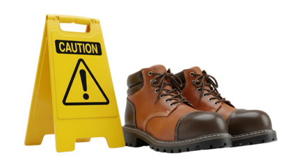 Caution sign next to a pair of brown and dark brown work boots video 4k