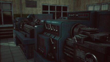 In a quiet, abandoned factory setting, old machinery stands still. Dust clings to the surfaces as sunbeams filter through the windows, highlighting the forgotten tools of industry.