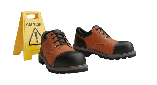 A pair of work boots with a yellow caution sign on a black background video 4k