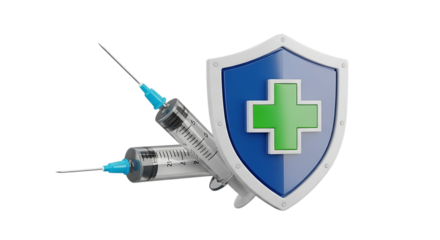 Two syringes overlapping a shield with a green medical cross sign video 4k