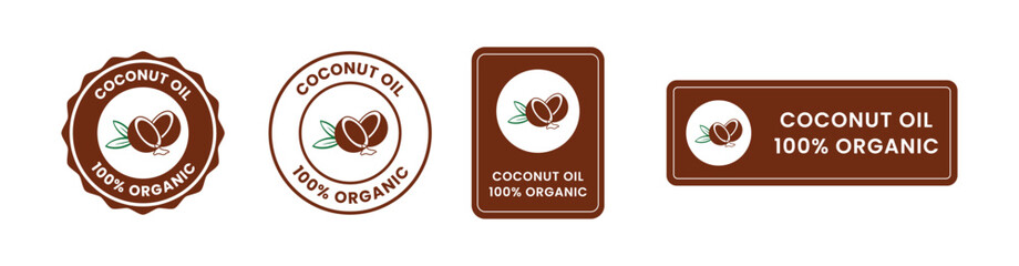 Coconut oil half with leaf icon set. 100% organic and natural. Coconut oil label, logo, badge, symbol, banner, line, flat vector, isolated illustration. Coconut oil label for product packaging design.